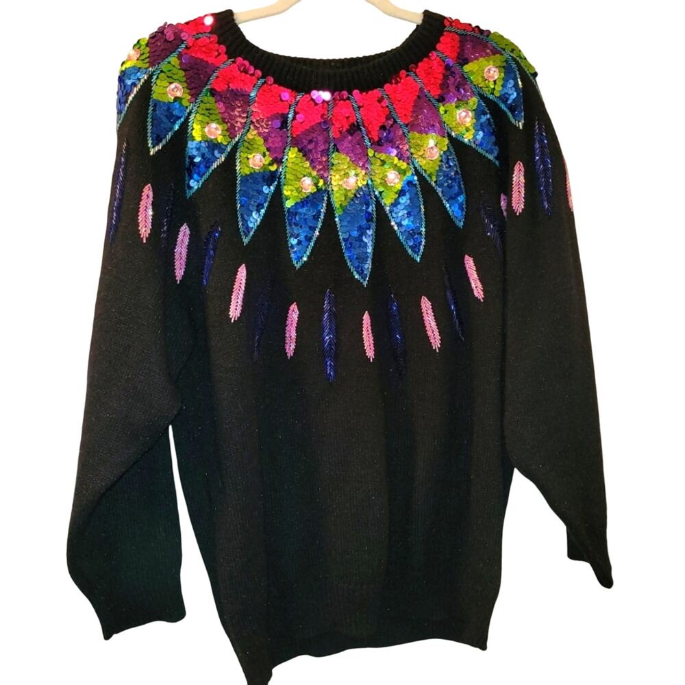 Vntg 80s Womens Black Knit Rainbow Sequined Sweater Size M Shpulder Pads Retro